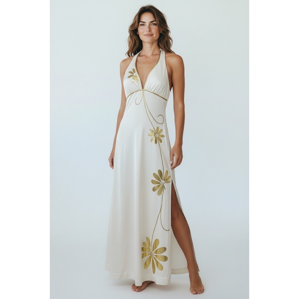 Vintage DeWeese Design Halter Maxi Dress Gold Floral Applique White Slit 70s